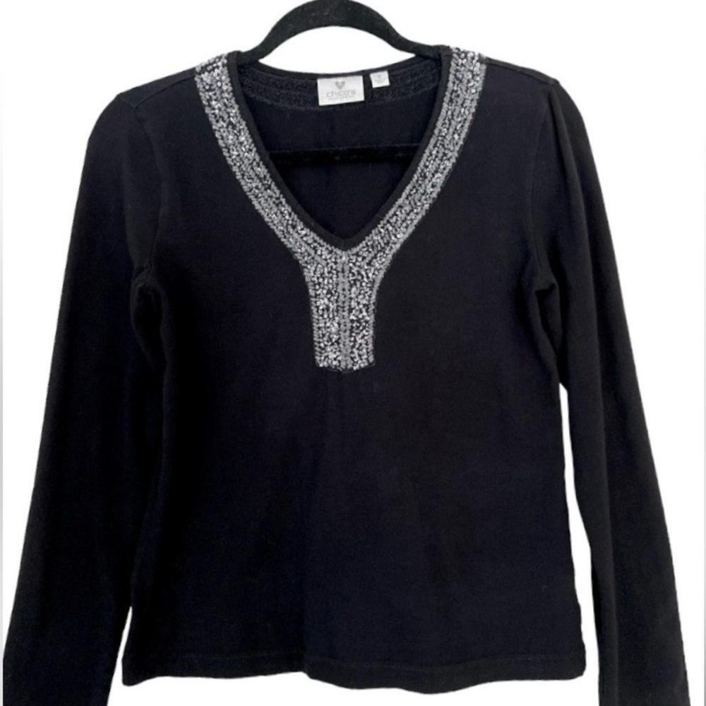 Chico's Bling-Bling V Neck Black Jersey Pullover Cotton-Spandex EUC Size Small